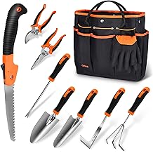 Garden Tools Set, Carsolt 10 Piece Stainless Steel Heavy Duty Gardening Tools Set for Planting Pruning Gardening Kit with Durable Gardening Bag Gloves Gift Box Ideal Garden Gifts for Women MenOrange