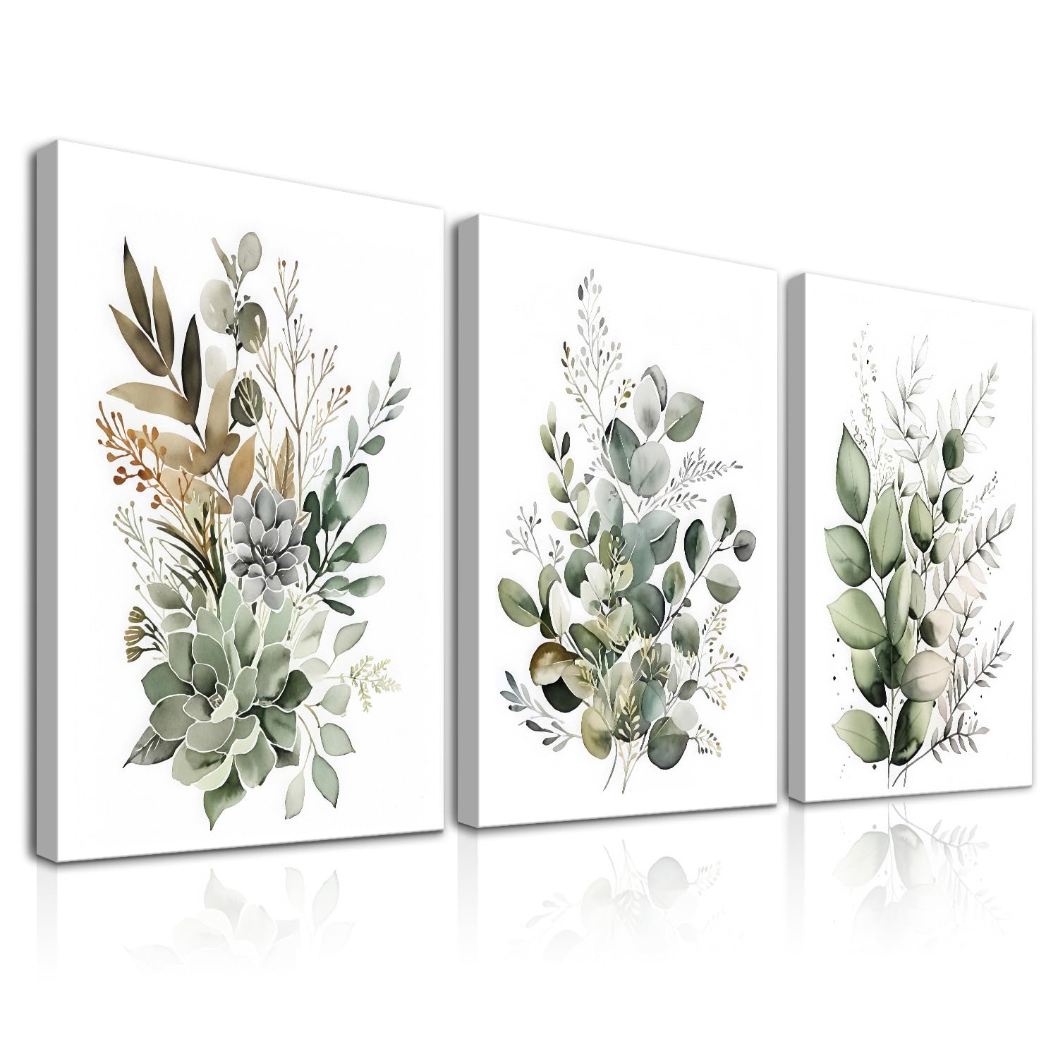 Dazzlewall Framed 3pcs Boho Wall Art Decor, Green Leaves Botanical Poster Print for Bathroom Living Room, Eucalyptus Leaves Bedroom Wall Decor, 12x16 in