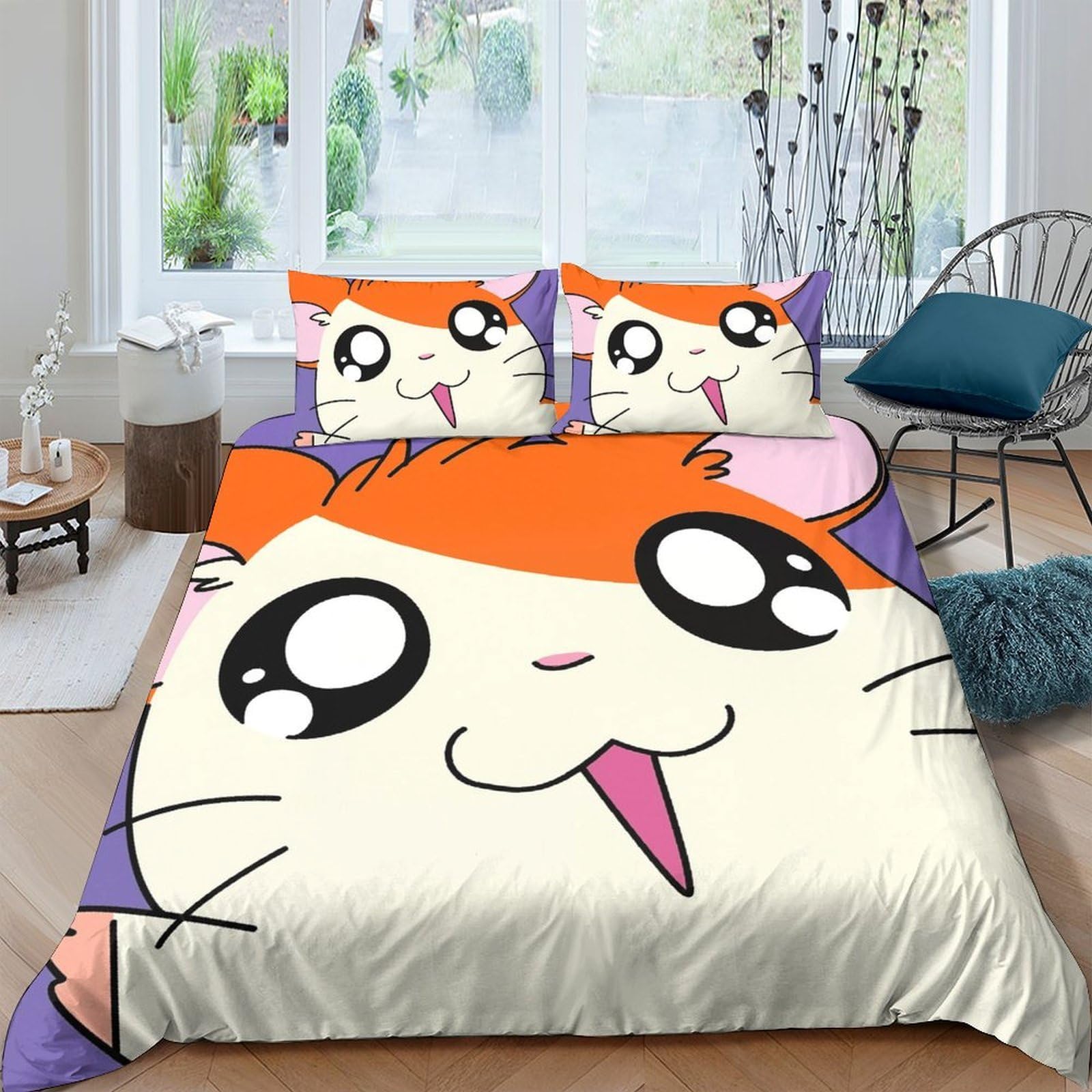 GPLZQXKJNH 3D Printed Cute Cartoon Hamster Duvet Cover Microfiber Soft Orange Animal Bedding Set with 2 Pillowcases for Bedroom Decor Single（135x200cm）