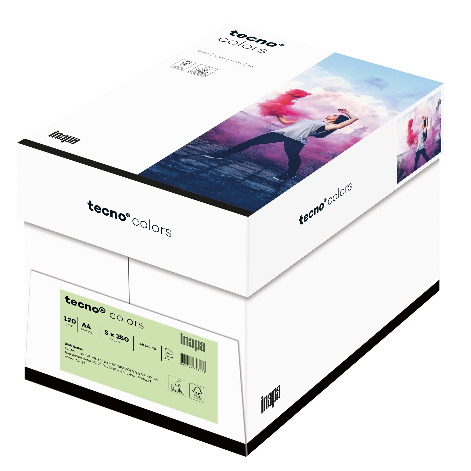 inapa farbiges Druckerpapier, buntes Papier tecno Colors: 120 g/m², A4, 1.250 Blatt (5x250), mittelgrün