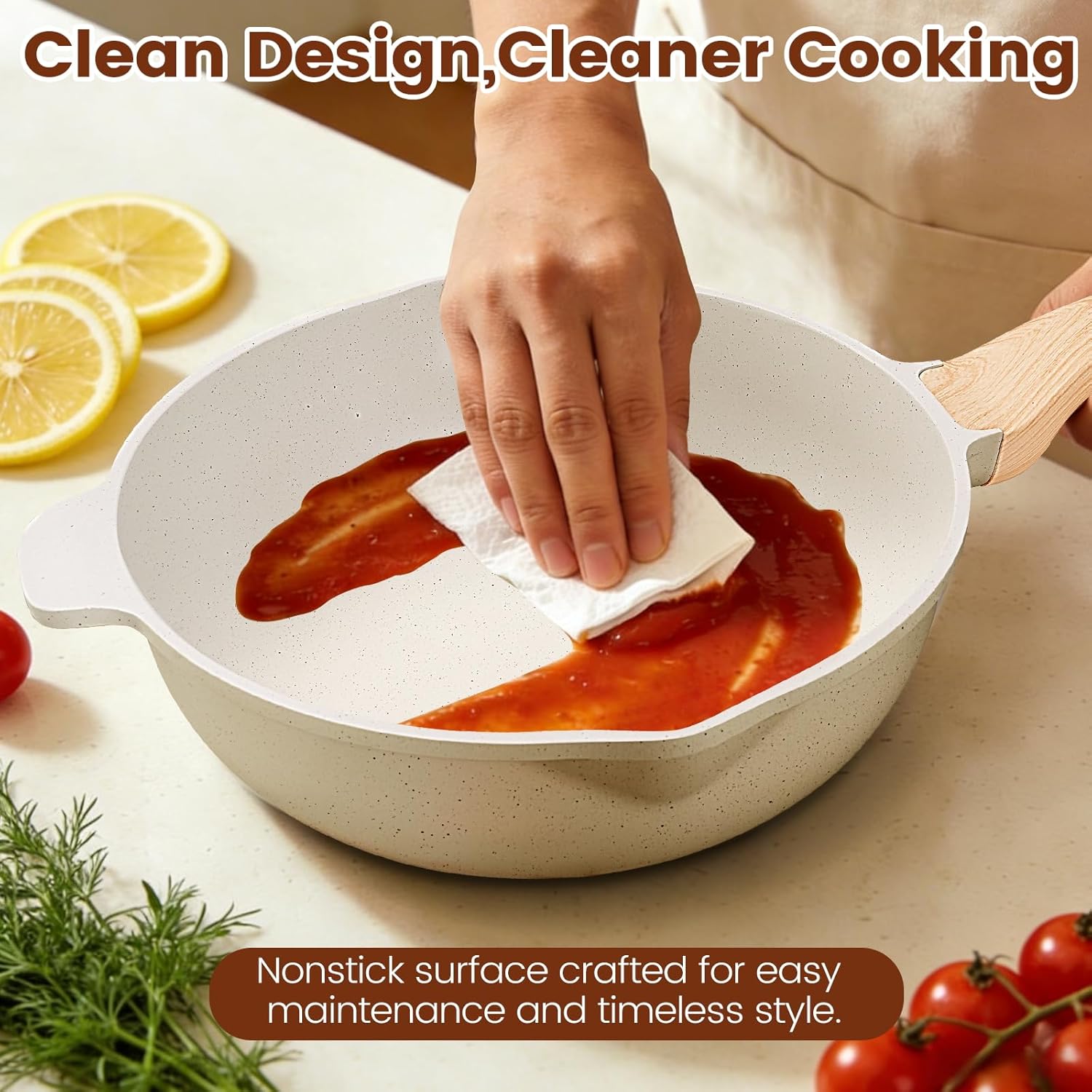 AOSION 27PCS Pots and Pans Set, Nonstick Ceramic Cookware Set, Healthy Kitchen Cooking Set with Gloves, Apron, Silicone Tools & Pot Protectors, Oven & Dishwasher Safe, PFOA/PFOS Free,Ivory - Image 7