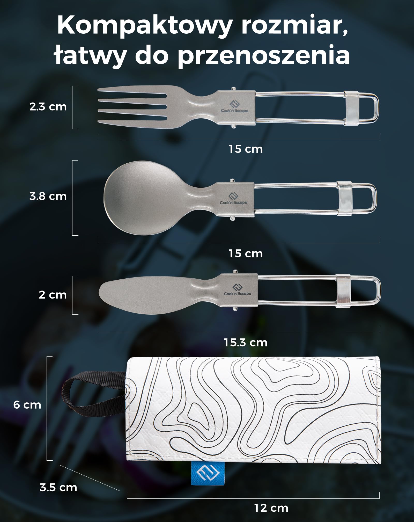 COOK'N'ESCAPE Tytanowe sztućce kempingowe, 3-częściowy zestaw sztućców – składane sztućce z nożem, widelcem, łyżką i torbą do przenoszenia, ultralekkie tytanowe sztućce podróżne do aktywności na
