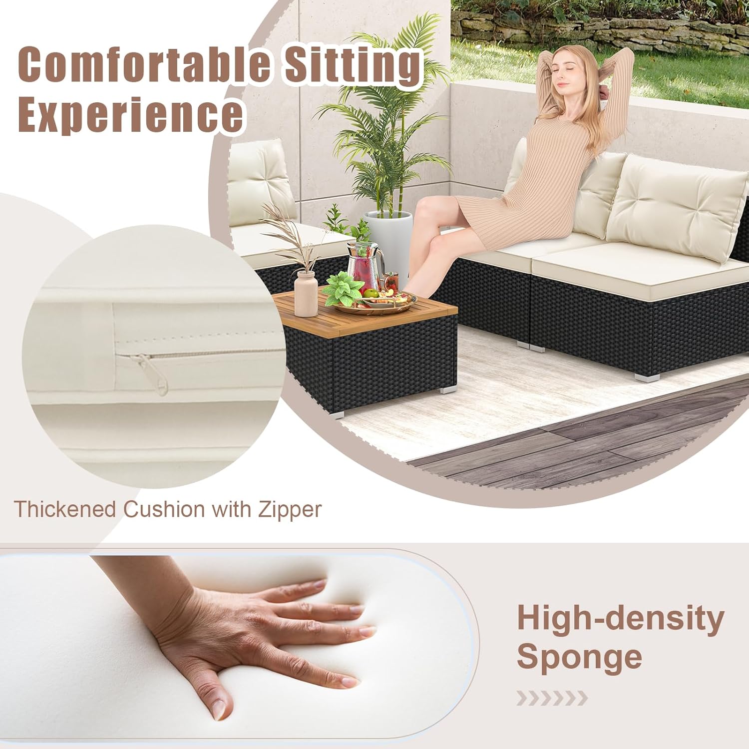 Close-up of a cushion with a zipper and a hand pressing into high-density sponge, illustrating comfort features.