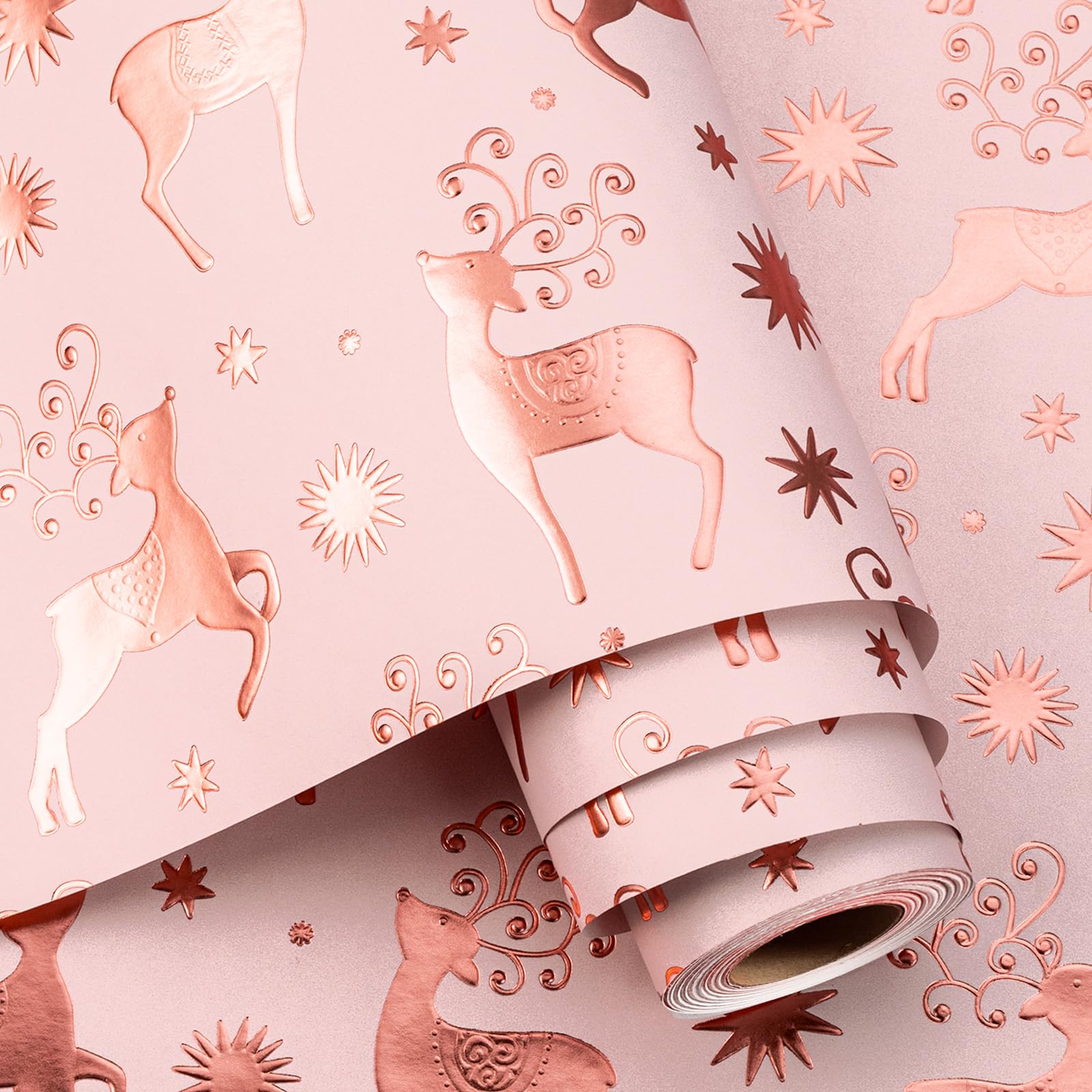 Yarcony Kraft Christmas Wrapping Paper, 3D Deer Wrapping Paper, Luxury Pink and Rose Gold Deer Christmas Gift Wrap, Festive Gift Packaging for Winter Holiday(Mini Roll, 17 Inch X 33 Feet) — image 1