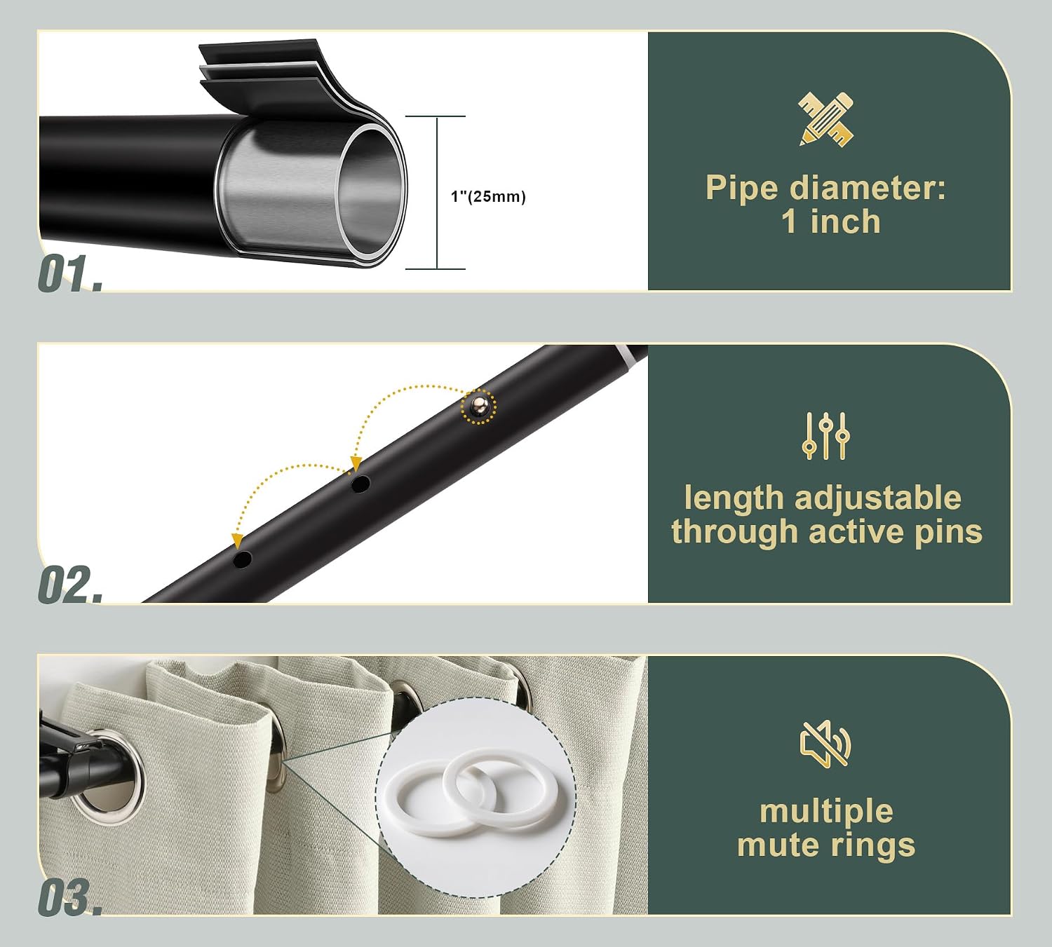 1 Pack Black Curtain Rod for Windows 30 to 65 Inches, Decorative 1 Inch Diameter Adjustable Curtain Rods, Clear Acrylic Ball Finial