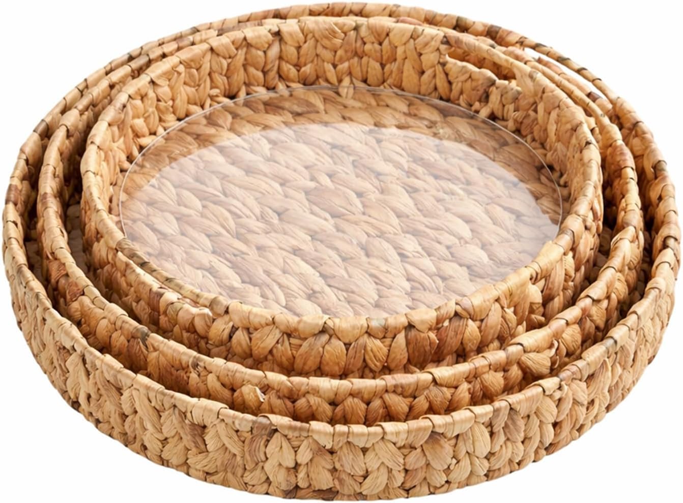 Round Woven Rattan Tray with Clear Acrylic Insert and Handles, Water Hyacinth Decorative Storage Tray for Coffee Table, Ottoman, Bathroom Counter, Kitchen (S+M+L 3 PCS)