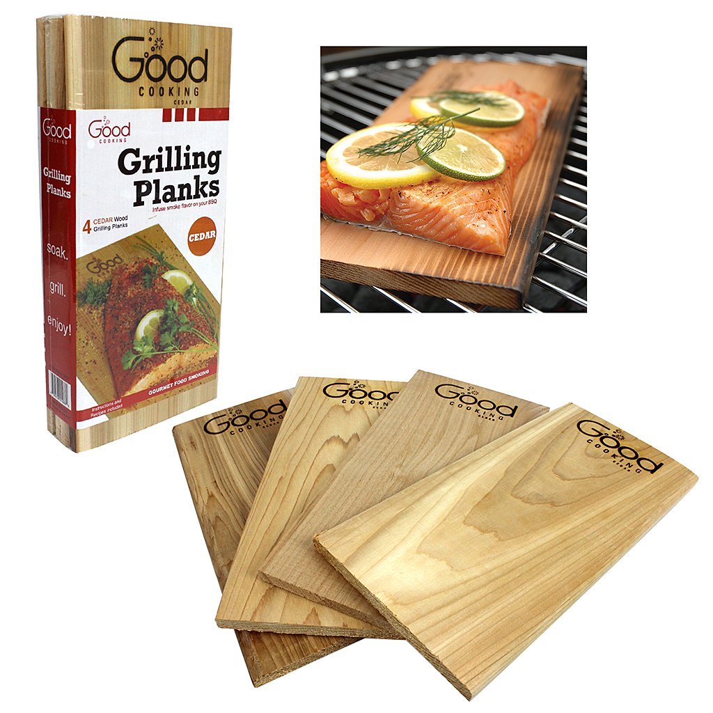 Good Cooking Grilling Planks - 4 Pack Cedar with Recipe Book - Premium Thicker Wood for Outdoor or Barbecue Salmon, Seafood, Steak, Burgers, Pork Chops, Vegetables - Reusable & Durable - 12" x 6"