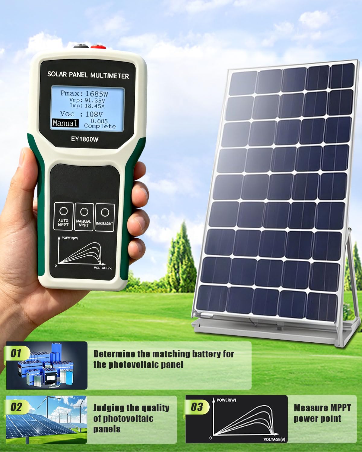 Fotowoltaiczny tester paneli słonecznych, 1800 W, panel słoneczny MPPT multimetr XFDE-T9-EY1800W