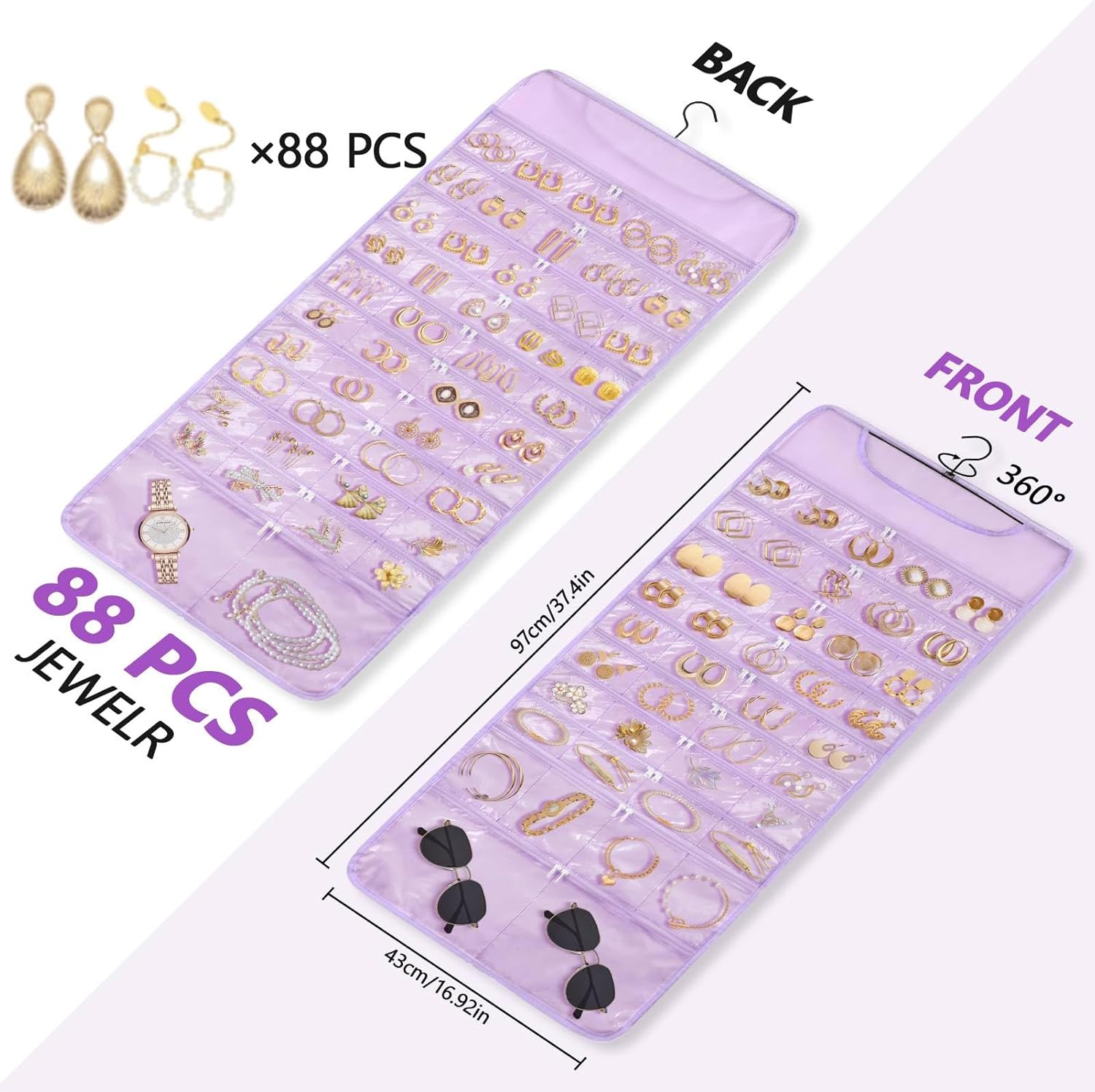 FOREGOER ハンギングジュエリーオーガナイザー 88個のファスナー付きポケット付き 防塵折りたたみ式 旅行用 アクセサリーオー