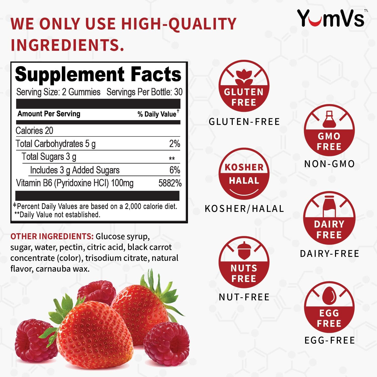 Vitamin B6 Gummies 100mg by YumVs | Supports Nervous System, Immune System Booster | Dietary Supplement for Adults | Non GMO, Vegetarian, Kosher | Berry Flavor Gummies - 60 Count : Health & Household
