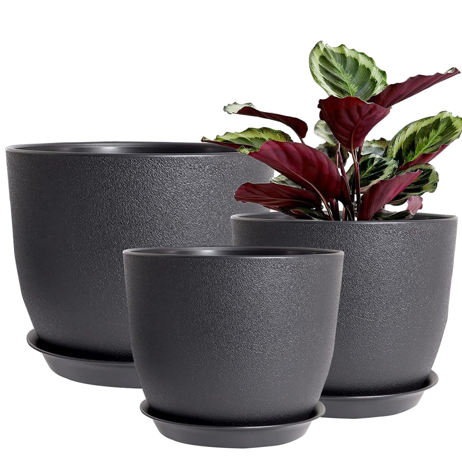 PROFIKLA 30cm, 25cm,23cm Plastic Plant Pots, Pack of 3 Planters, Large Plant Pots with Drainage Holes and Saucers, Modern Decorative Flower Pots, Black