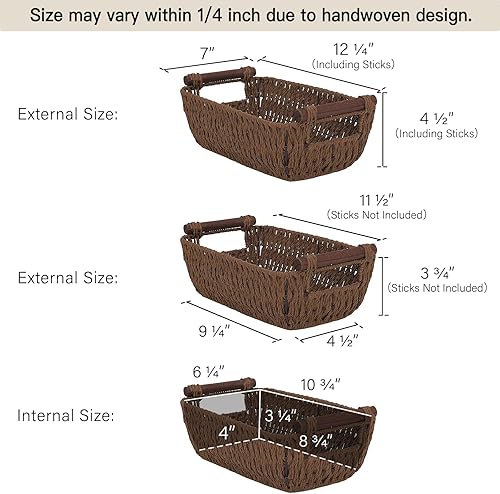 Miniatura 2 de StorageWorks Cestas de mimbre pequeñas tejidas a mano, cestas redondas de almacenamiento de cuerda de papel con asas de madera, marrón oscuro,