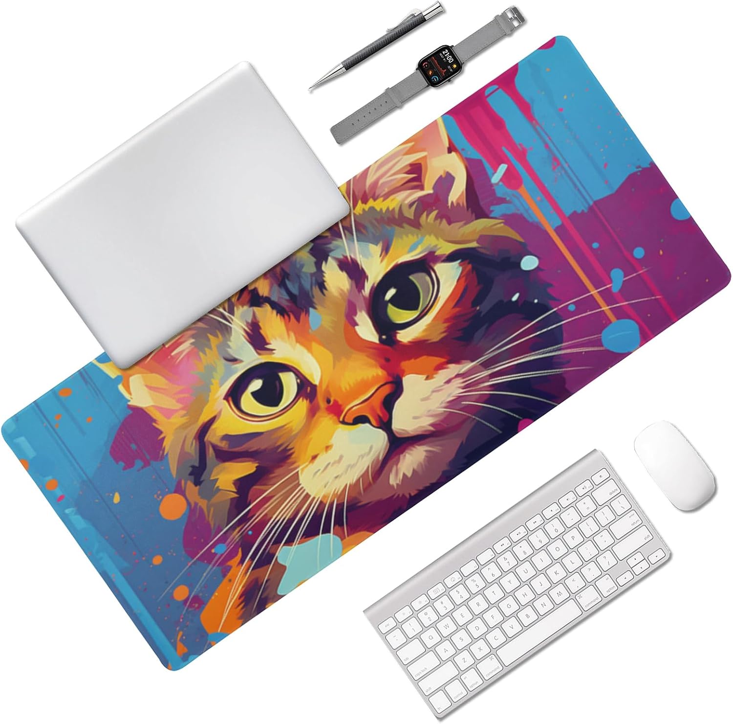Cat Themed Large Gaming Mouse Pad 35.5 x 16 Inch, Waterproof, Stitched Edges, Perfect for Esports and Office