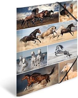 HERMA Sammelmappen A3 Pferde Set, 3 Stück, Kinder Eckspanner-Mappen aus Pappe mit Tier Motiv, Gummizug, Innenklappen und Innendruck für Jungen und Mädchen