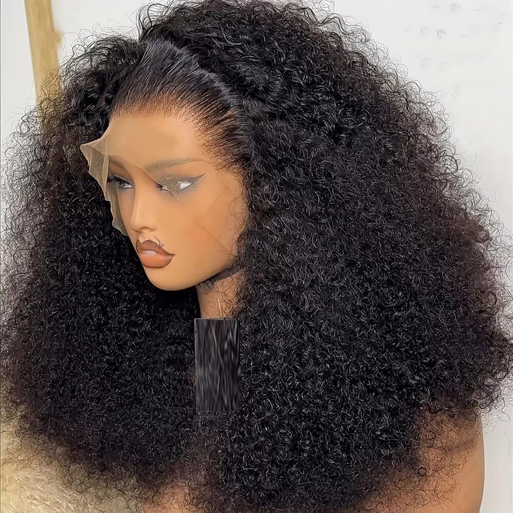 Afro Kinky Curly Wig Preplucked for Women Natural Color Kinky Curly Glueless 13X4 HD invisible Lace Front Brazilian Human Hair Wig with Bleached Knots Natural Hairline Full Eng Wig with Baby Hair