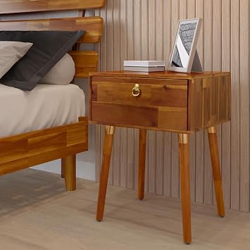 Bme Caden Solid Wood Nightstand/Side Table/End Table, Fully Assembled, with 1-Drawer for Mid Century Bedroom and Living Room, Caramel