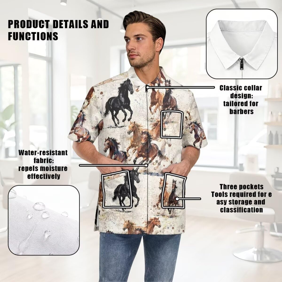Nylon Salon Hairstylist Smock Barber Haircut Zipper Jacket, Dog Pet Grooming Work Shirt Uniform