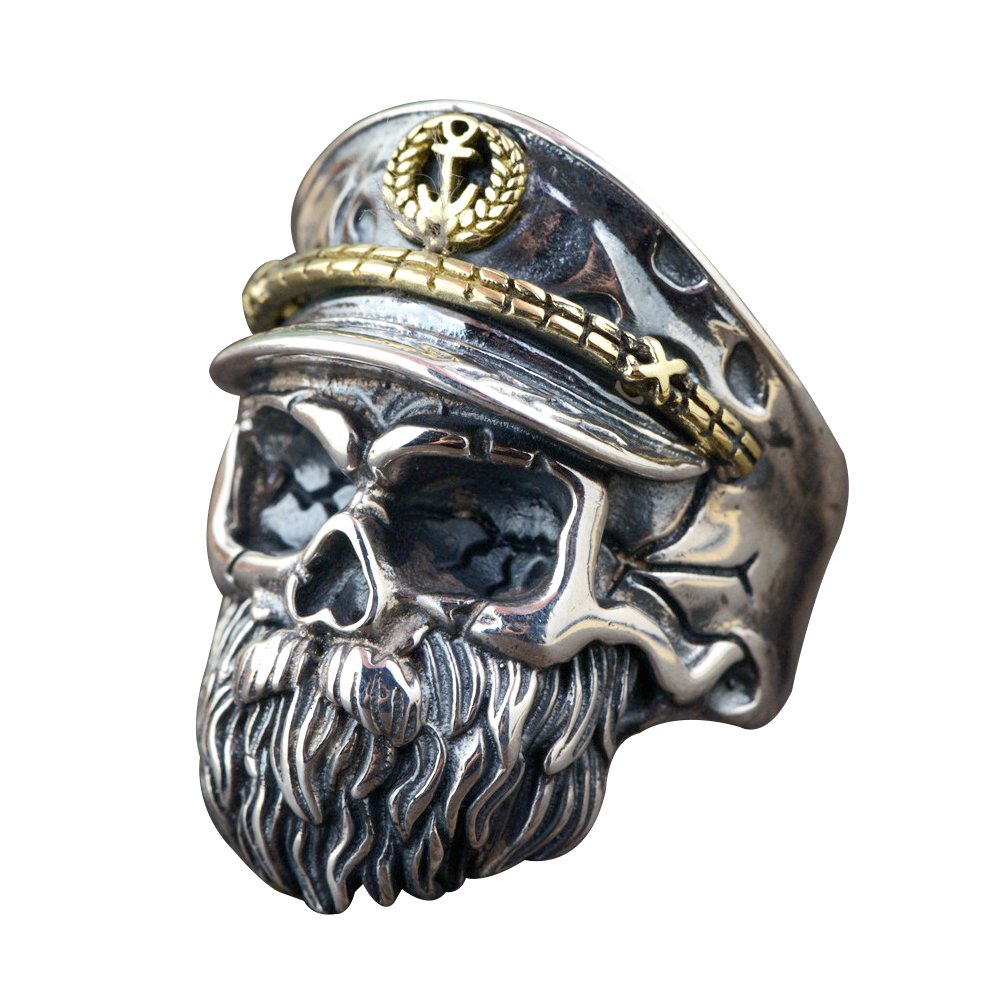 Unique Two Tone 925 Sterling Silver Bearded Skull Ring with Hat