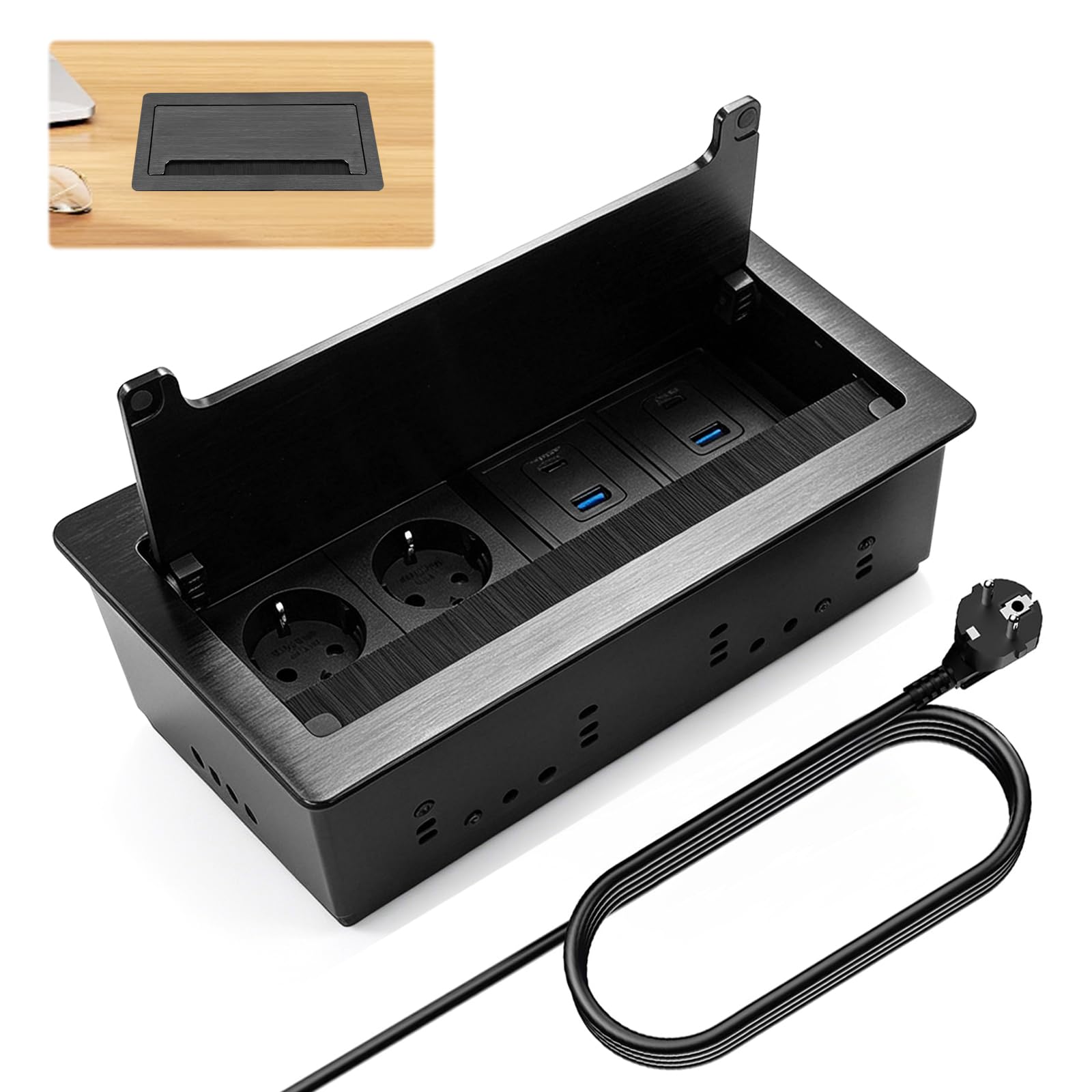 Prise Encastrable en Aluminium avec 2 Prises de Courant, 2 Ports USB-C PD 30W et 2 Ports USB-A, Multiprise Encastrable pour Cuisine, Plan de Travail et Bureau, 1.8M Câble