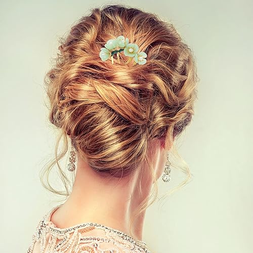 Miniatura 4 de Beaupretty Pasadores de pelo de flores de jade para mujeres y niñas, palillo de pelo chino retro con moño, palillos de pelo, accesorios para hacer