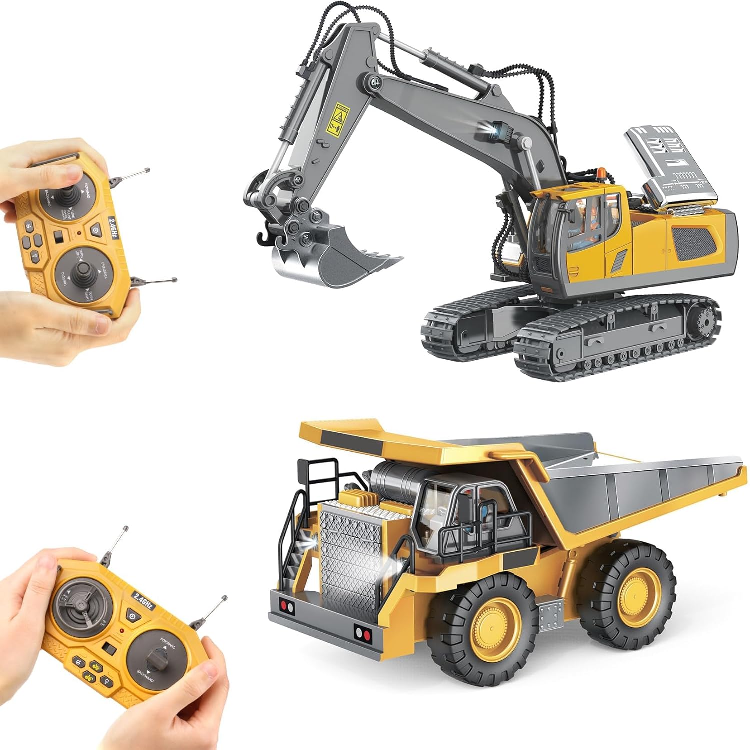 PREPOP Remote Control Excavator & Dump Truck Toy Set with Lights, Sounds & Metal Components for Kids Ages 4-12