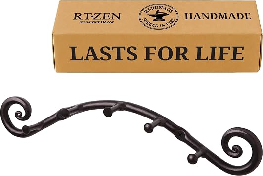 RTZEN Farmhouse Small Key Holder for Wall - Handcrafted Swirl Decorative 5 Key Hooks for Home Entryway - Wrought Iron Wall Mount Rack Purse Coat and Leash Holder or Organizer Swirly Black
