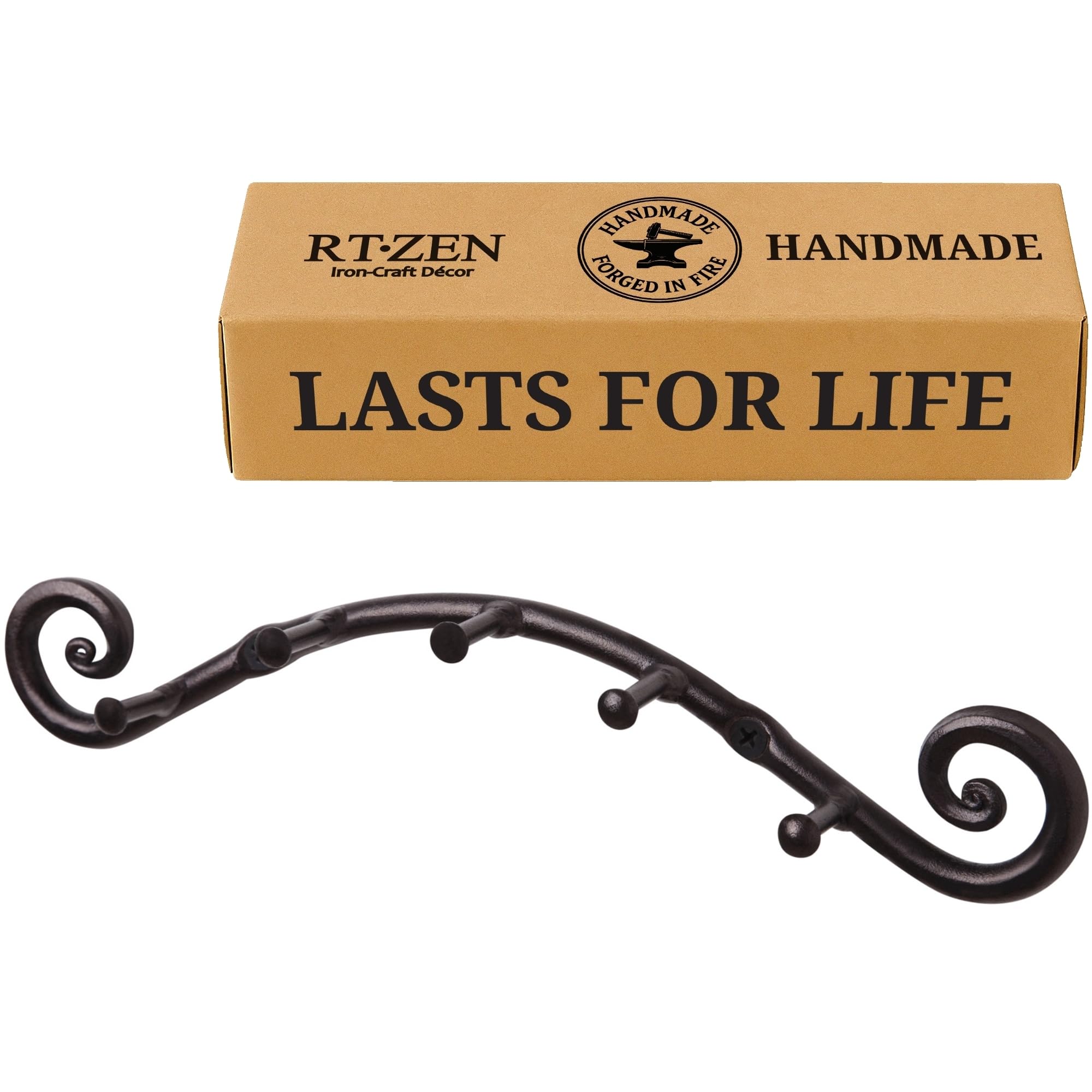 RTZEN Farmhouse Small Key Holder for Wall - Handcrafted Swirl Decorative 5 Key Hooks for Home Entryway - Wrought Iron Wall Mount Rack Purse Coat and Leash Holder or Organizer (Swirly Black)