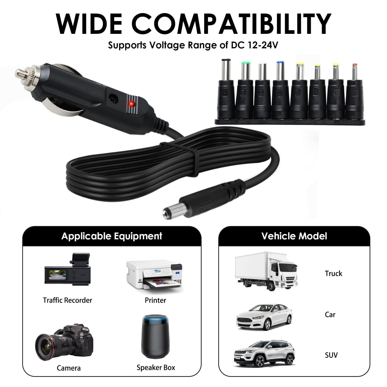 Cable Allume Cigare 12v Chargeur Allume-Cigare 12V 2A - Câble DC 5.5x2.1mm Avec 8 Adaptateurs - Pour GPS, DVD, Enceintes Led Voiture