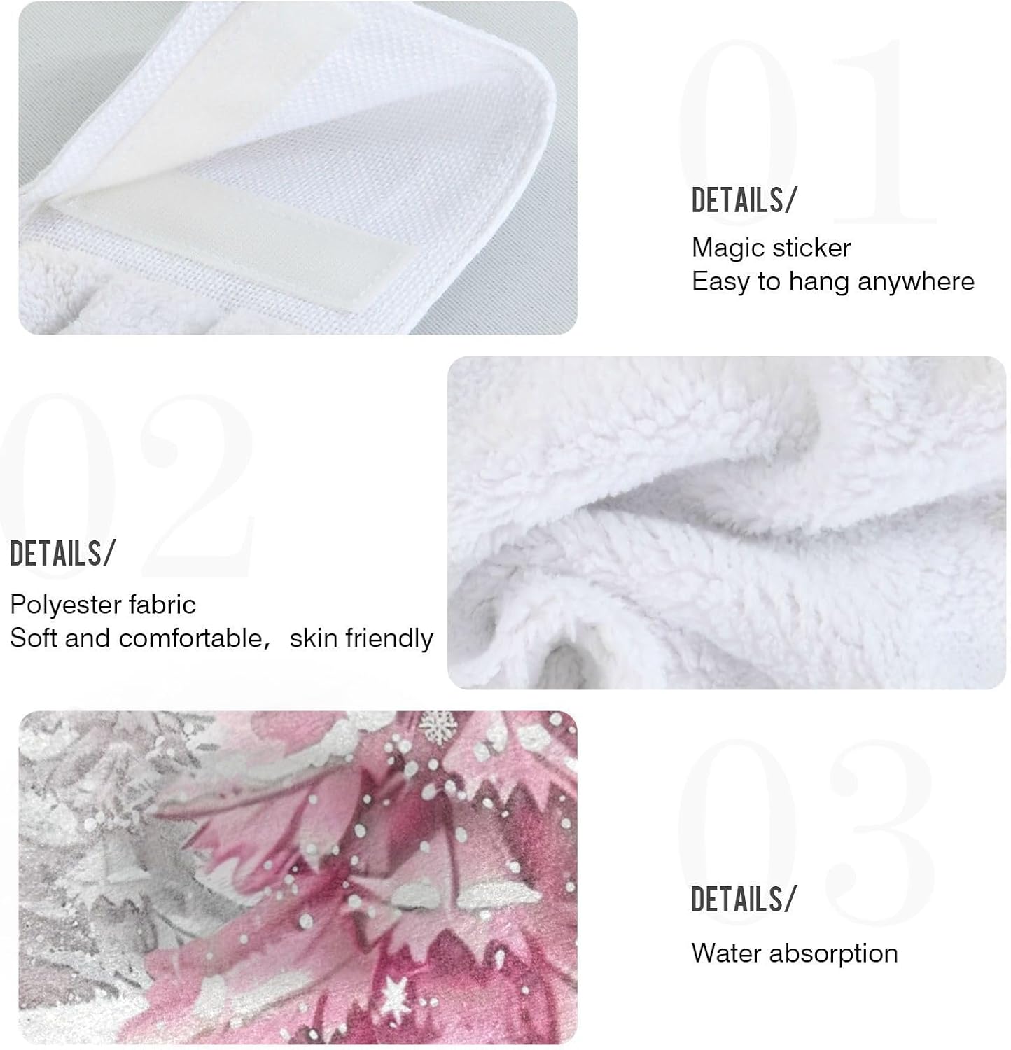 Boccsty Pink Cartoon Christmas Tree Hanging Kitchen Towels 2 Pieces White Snowflake Dish Tie Hand Towels for Farmhouse
