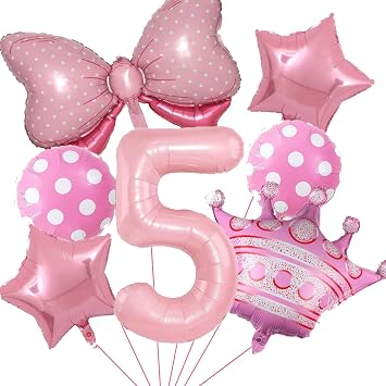 7Pcs Pink 5th Birthday Decorations Balloons, Pink Bow Foil Balloons Crown Balloon For Gender Reveal Girls Birthday Party Decorations Supplies