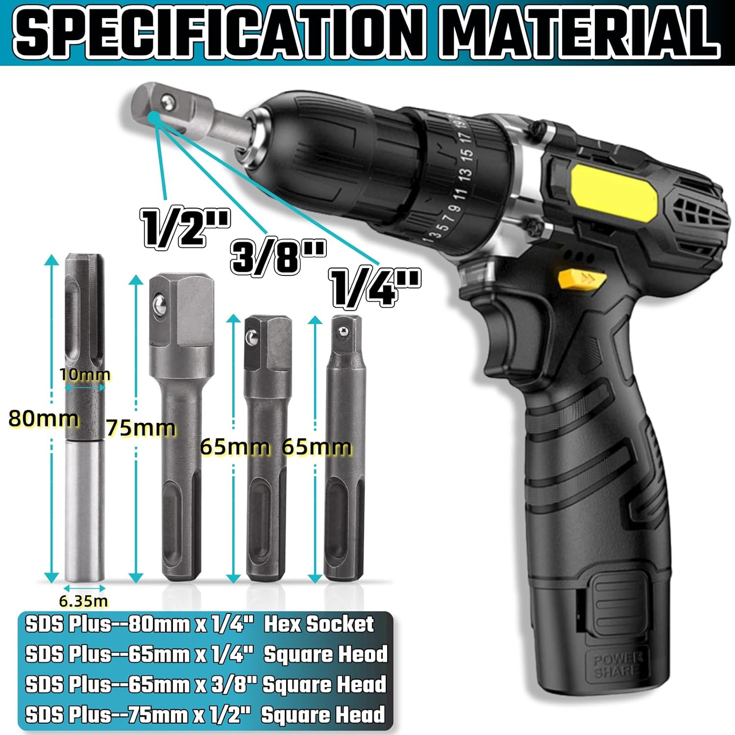 HuGuWdy SDS Plus Socket Adapter Set 4Pcs,1/4"" Hex Socket Adaptor 1/4"" 3/8"" 1/2"" Square Impact Socket Extension Connector Power Drill Bit Adapter