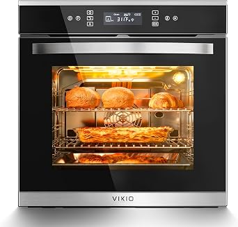 فرن كهربائي أحادي الجدار مقاس 24 بوصة من VIKIO HOME، سعة 2.83 قدم مكعب، 80 لتر، فرن مدمج، 240 فولت، 3220 وات، تحكم باللمس مع قفل أمان، 11 وظيفة طهي لحياة المطبخ الذكية