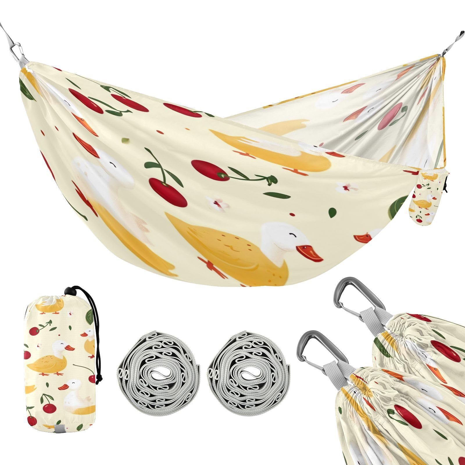 ATTX Cherries Ducks Camping Hammock - Lightweight & Portable Hammocks, Heavy Duty 330lbs Capacity for Indoor, Hiking, Backpacking, Travel, Backyard, Beach#426