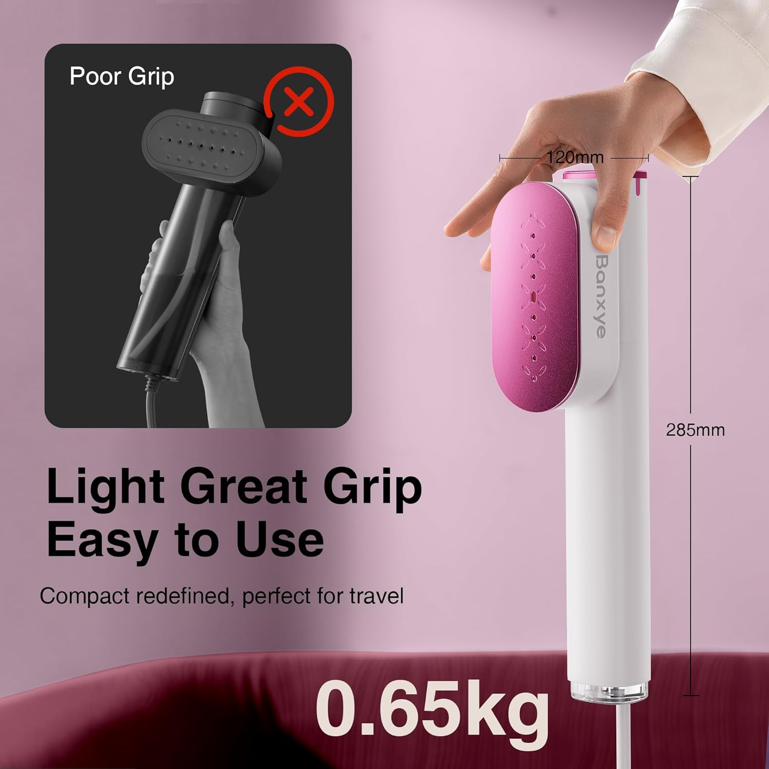 Portable Clothes Steamer, 100-240V Dual Voltage Garment Steamer, 1000W Travel Steamer, 30s Fast Heat Up, 10 Minutes Continuous Steam, Ceramic Panel Steamer Iron for Travel & Home Use (Rose Red)