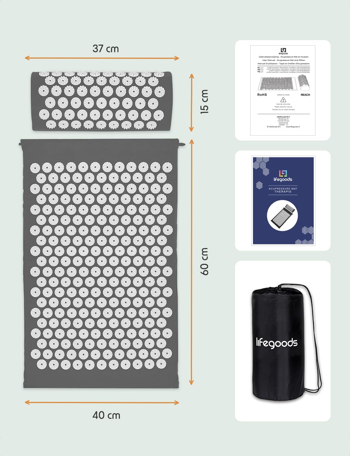 LifeGoods Akupressurmatte Mit Kissen - Akkupressmatte - Akkupressurmatte+ - Akupressur Matte - Akupunktur Matte - Massagematte - Rücken - Stachelmatte - Fakirmatte - Nagelmatte - Acupressure Mat