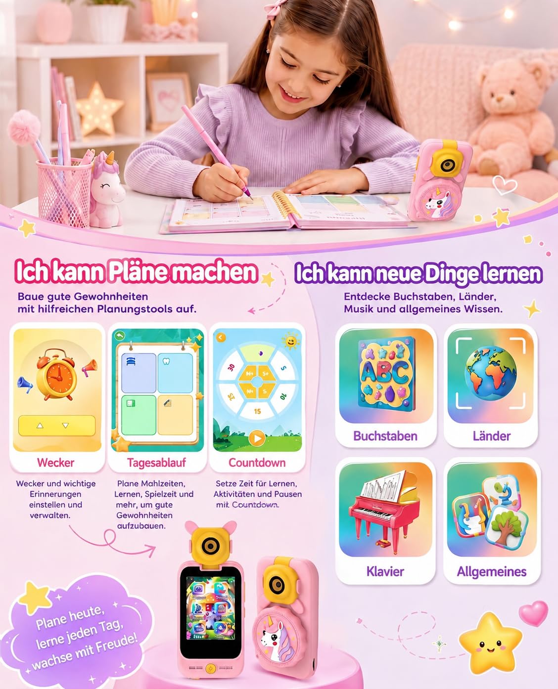 Telephone Enfant avec Microscope 100X et 32G Carte pour Filles 3-8 Ans | 100X Microscope Camera, 32G 600mAh MP3 Histoires, Ecran Tactile 2.8 Jeux ABC, Licorne Fille 3-8 Ans, Cadeau Anniversaire