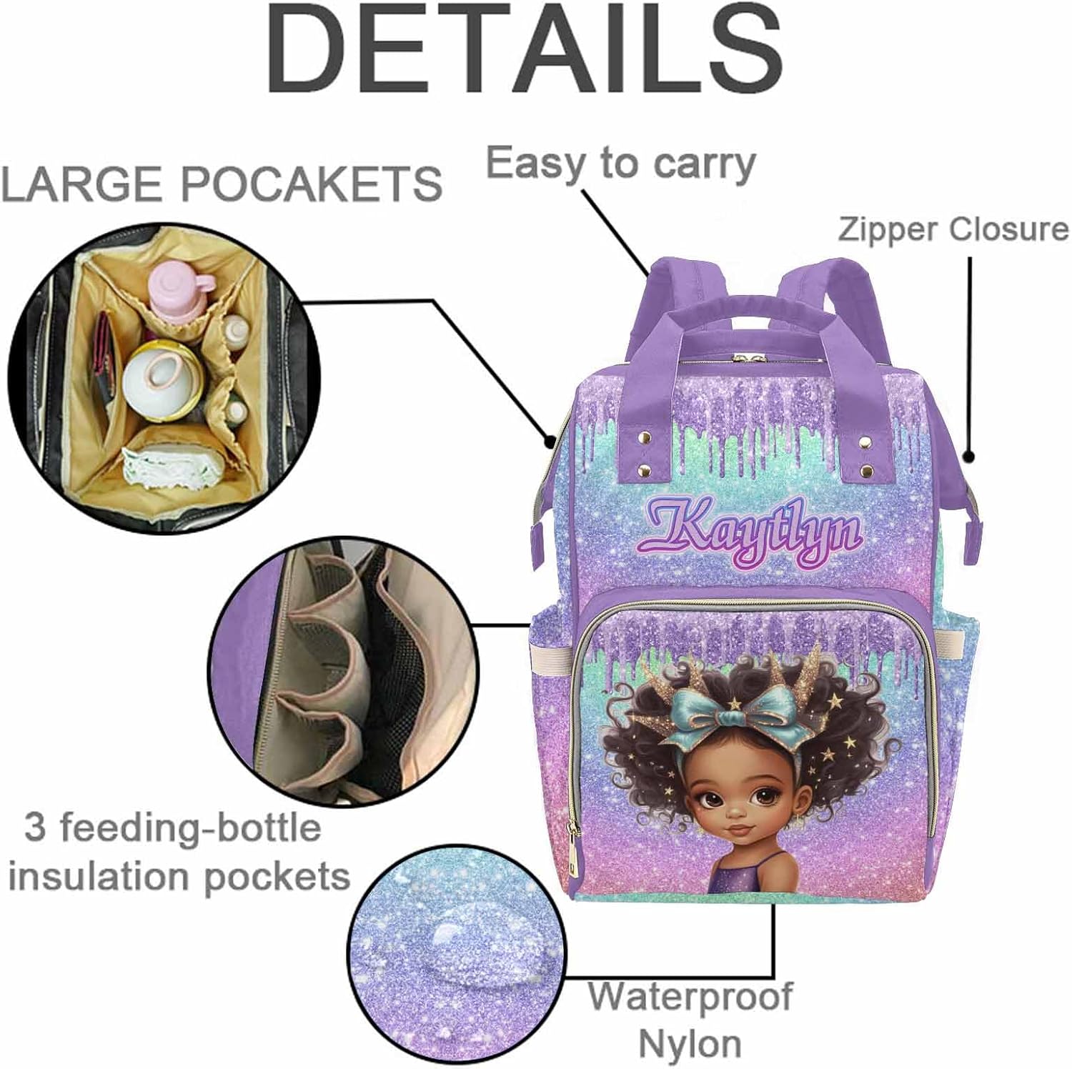 InterestPrint Personalized Large Capacity Diaper Bags Purple Sparkling Pattern Custom Name Backpack Casual Daypack Bag Nappy Bag Gifts