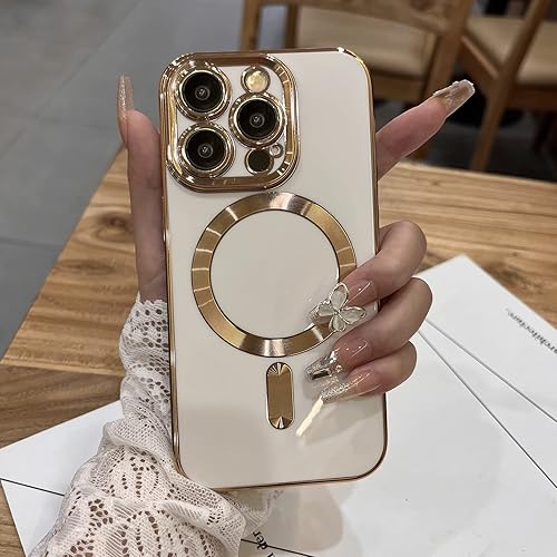 Miniatura 1 de OOK Magnatic - Funda para iPhone 15 Pro Max compatible con MagSafe protector completo de lente de cámara con borde galvanizado dorado, TPU suave, a
