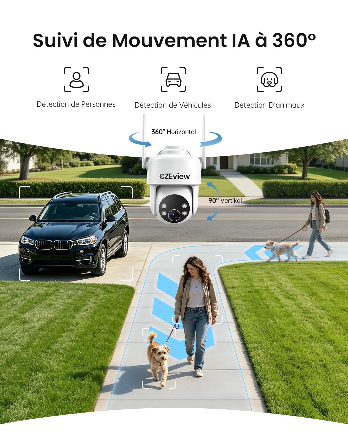 CZEview 10W Caméra Surveillance WiFi Extérieure Solaire sans Fil, AOV | Enregistrement vidéo continu, Suivi de mouvement, détection 30m, vision nocturne, étanche, Détection gratuite par IA