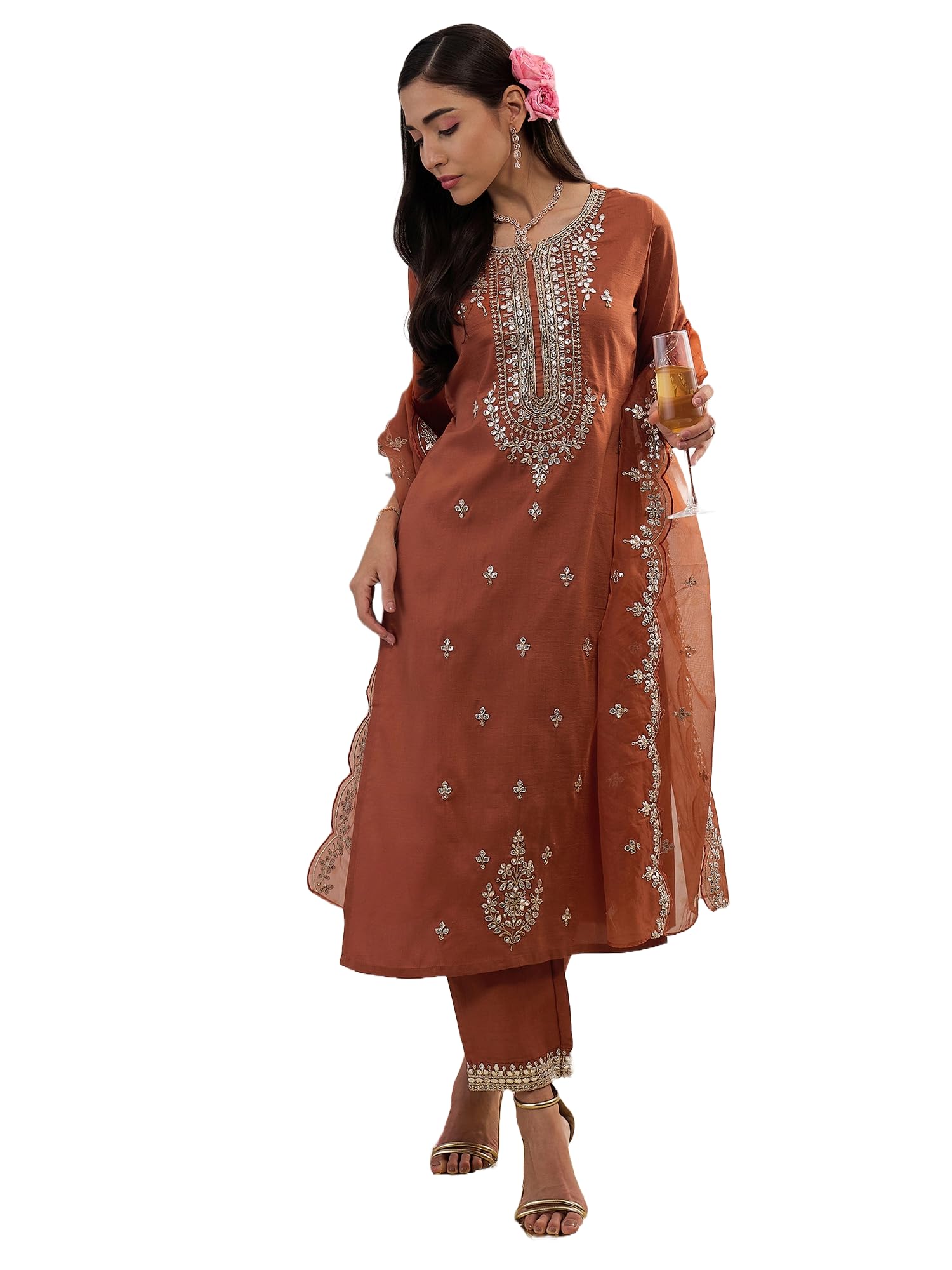 INDO ERAWomen's Embroidered Silk Blend Straight Kurta Pant With Dupatta Set (Kh9Bp6009)