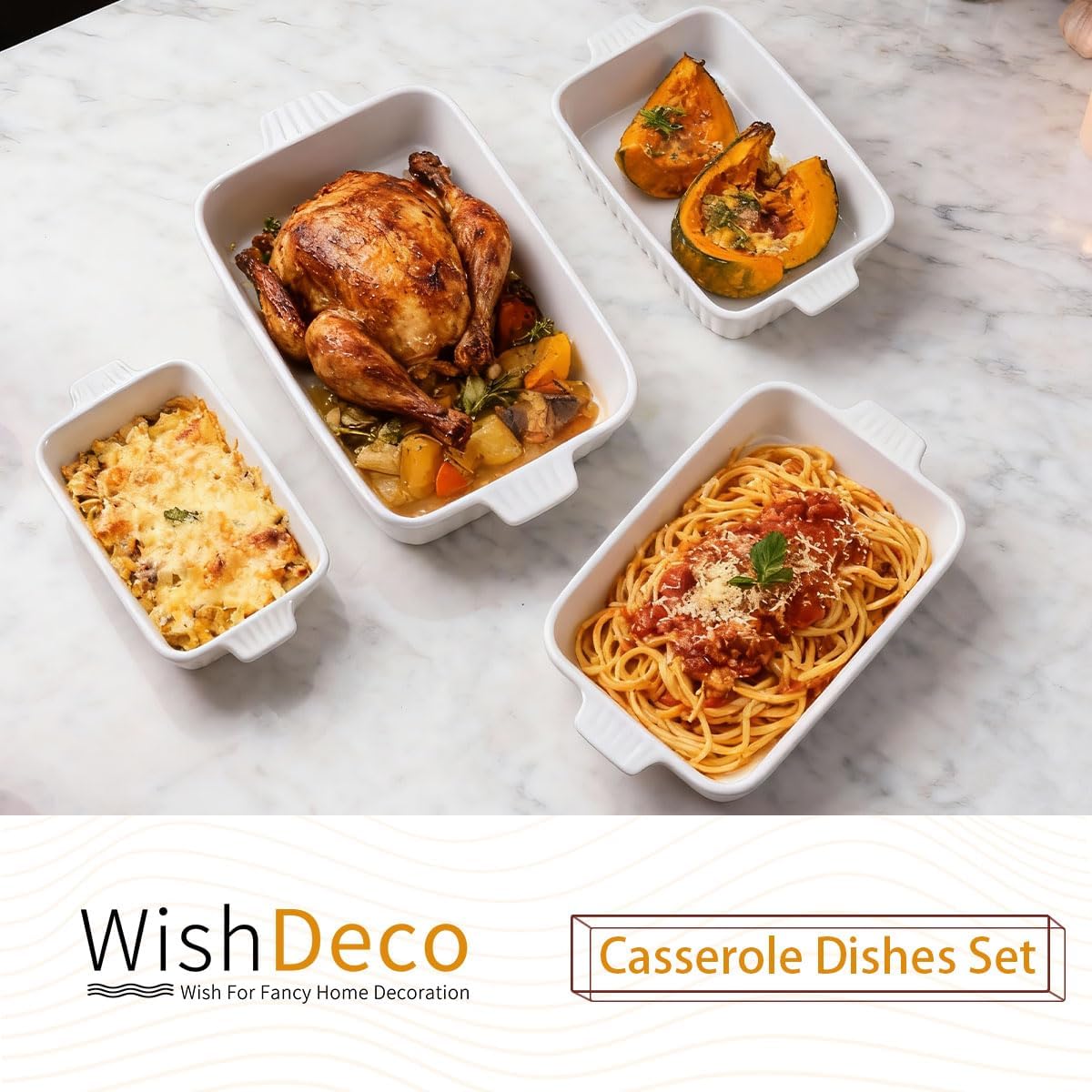 WishDeco 4-teiliges Auflaufform Set, Rechteckig Lasagne Backformen Set aus Keramik, Ofenfeste tiefe Gratinform mit Griffen, Mikrowellengeeignet & Spülmaschinenfest, Weiß