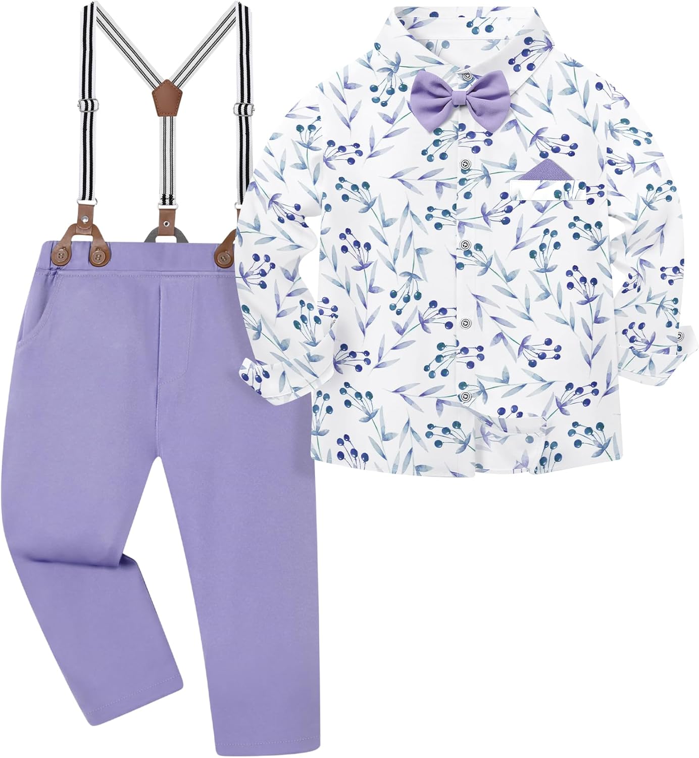 DISAUR Boys Suits 3 Pieces Formal Dress Shirt with Bowtie+Suspender Pants Boy Gentleman Outfits Set 4-8 Years