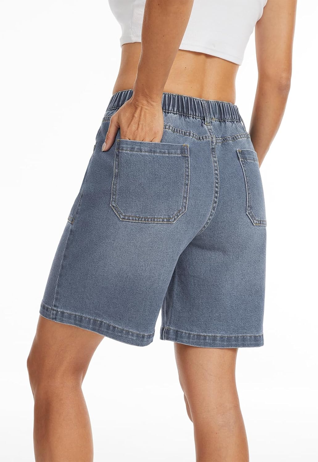 Metietila Pull-on Bermuda Shorts for Women High Waisted Elastic Waist Jean Shorts Baggy Summer 8 Inch Inseam Denim Jorts