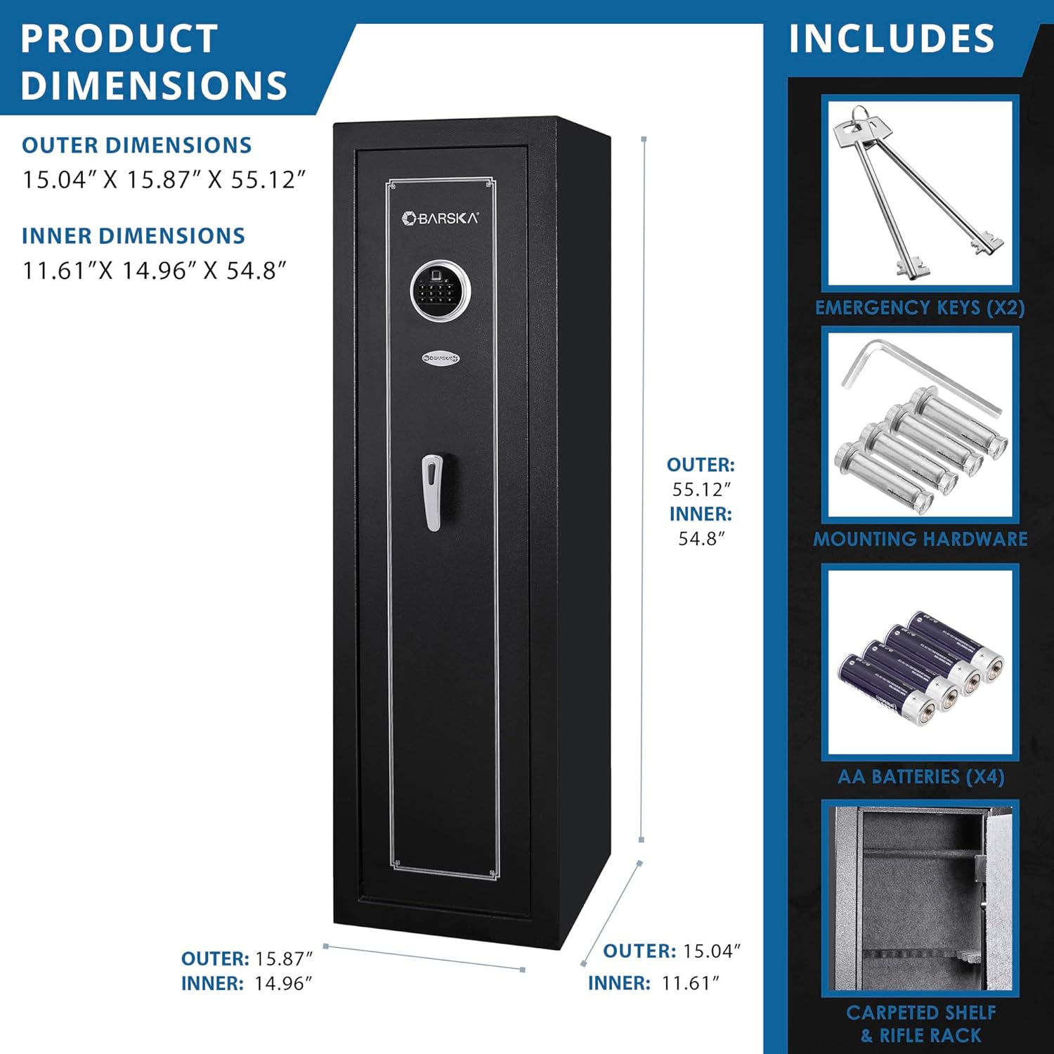 Barska 5.51 Cu Ft DOJ Certified Biometric Rifle Safe – 10 Gun Capacity, Fingerprint & PIN Access, 6-Point Deadbolt, Silent Mode, Motion Alarm, Carpeted Interior