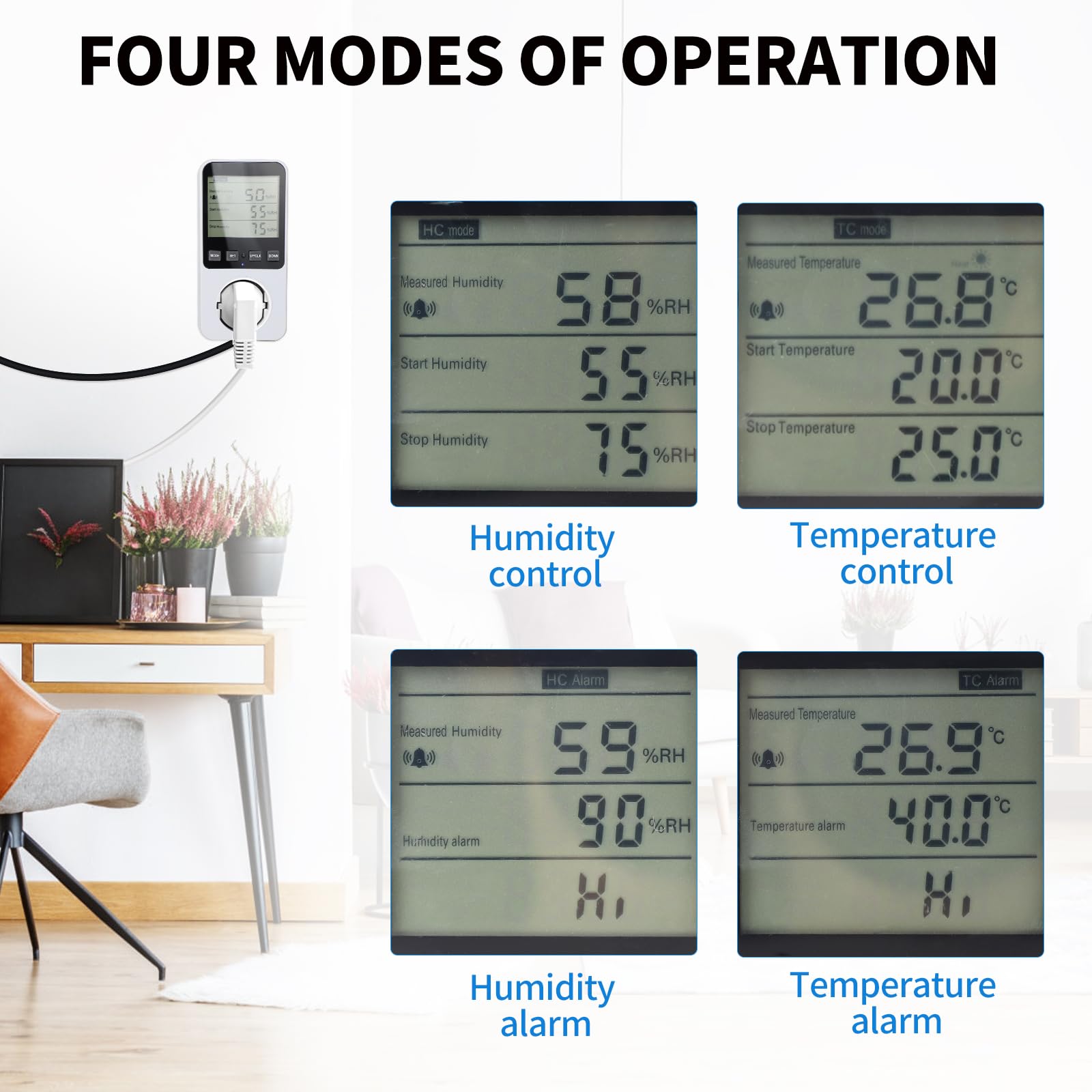 SWAWIS Termostat, gniazdko elektryczne regulator temperatury i wilgotności powietrza 230 V, z czujnikiem, cyfrowy higrostat, gniazdko z alarmem do nawilżania powietrza,