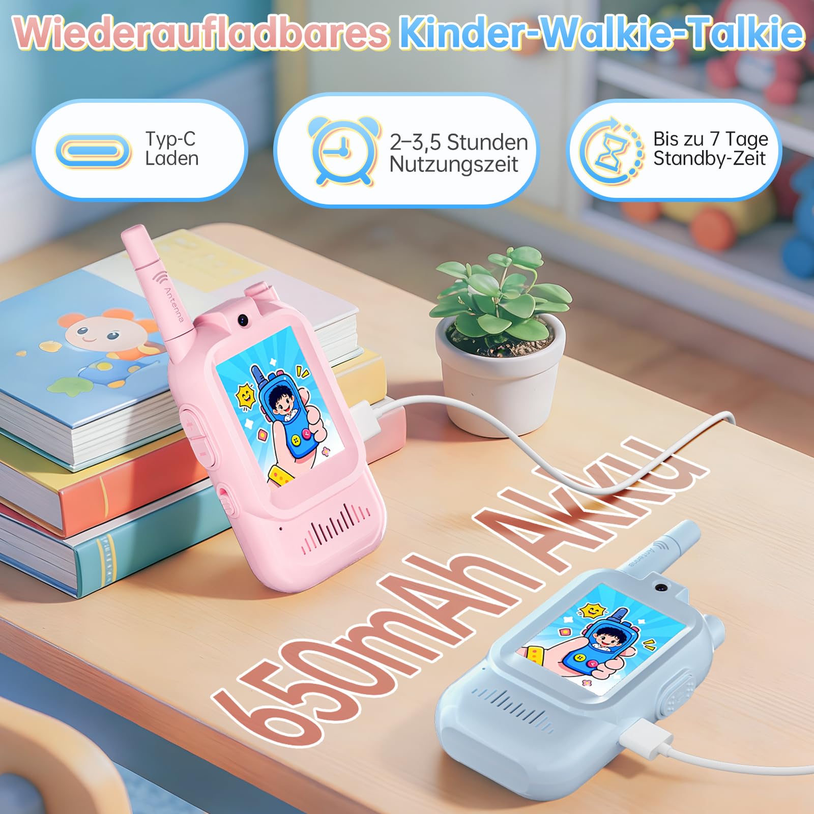 Walkie Talkie Kinder mit HD Video, Geschenk Mädchen Junge 4 5 6 7 8 Jahre, 2er-Set mit Kamera & Bildschirm, Automatische Kopplung, USB-C Wiederaufladbar, Spielzeug für Zuhause & Outdoor (Blau & Pink)