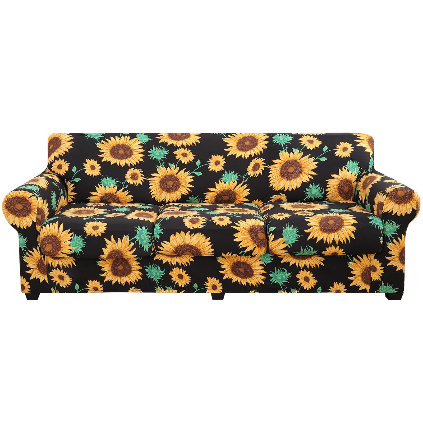 hyha Couch Cover, Floral Pattern, Stretch, Printed, 4 Pieces, Sofa Slipcovers, for 3 Separate Cushion Couch, Washable Furniture Protector for Dogs(
