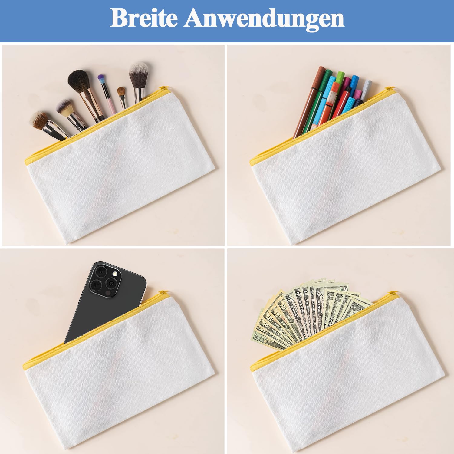 24 Stück DIY Blanko Stoffbeutel, Stoff Federmäppchen zum Bemalen, Bunt Stoffbeutel Zum Bemalen, 12 x 21cm Stoff Mäppchen zum Bemalen, Segeltuch Kosmetiktasche, Tasche Zum Bemalen für Kinder