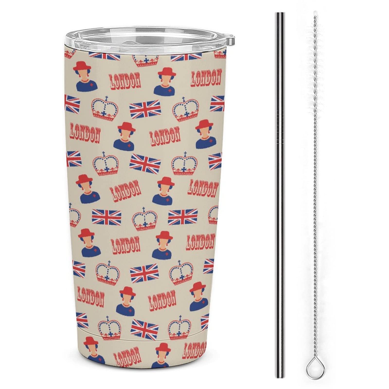 Wiederverwendbarer, isolierter Kaffeebecher mit Deckel und Strohhalm, Motiv: Landon mit britischer Flagge, Reisebecher, doppelwandig, mit Deckel und Strohhalm