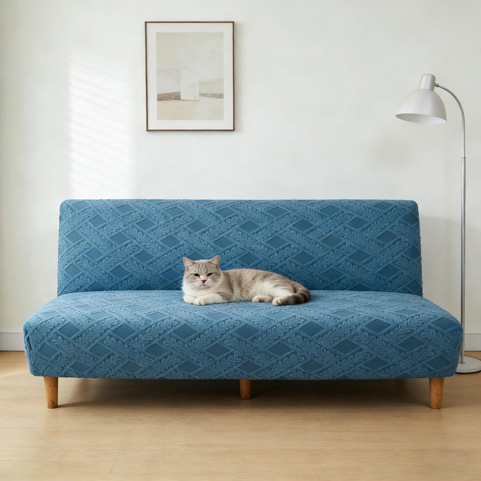 YUJOQUP Armless Sofa Bed Cover Jacquard Stretch Armless Couch Covers, Full Coverage Non-Slip Futon Slipcover, Washable Sofa Slipcovers(Size:M (160-190cm),Color:T-Blue Grey)